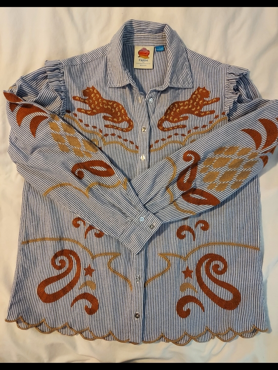Rare Farm Rio Tiger Appliqu Embroidered Western Shirt - Blue/White Stripe